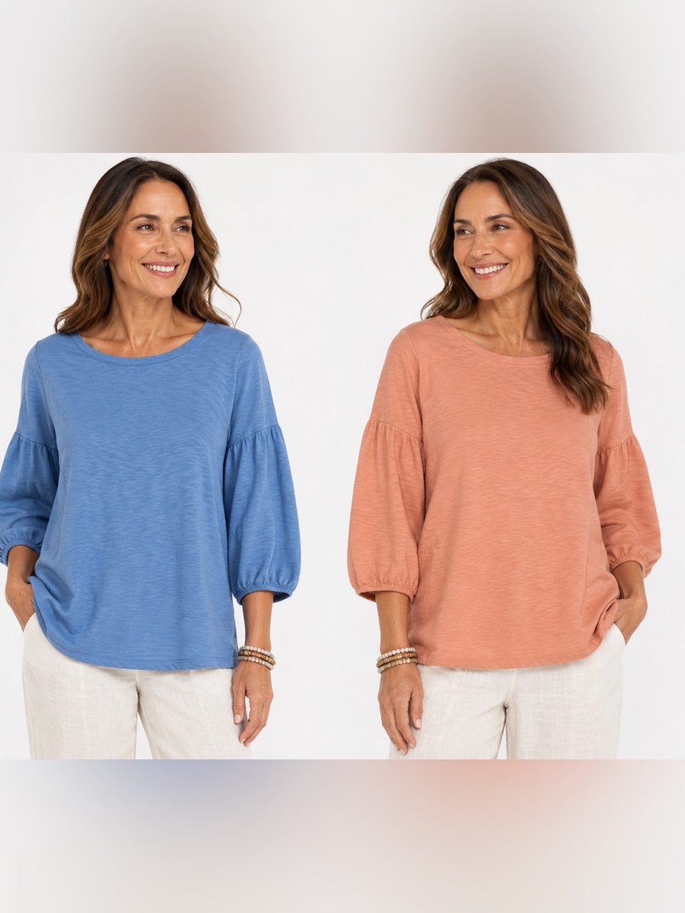 Pure Jill Cotton Balloon Sleeve Tunic Bundle Blue Pink /Terracotta Medium Petite